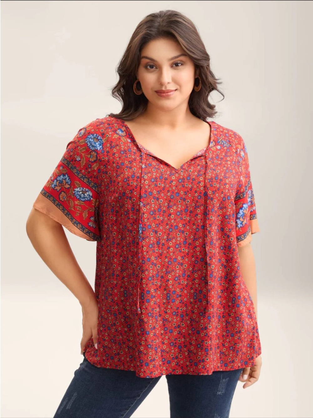 BloomChic Red Floral Neck-Tie Half Sleeve Blouse